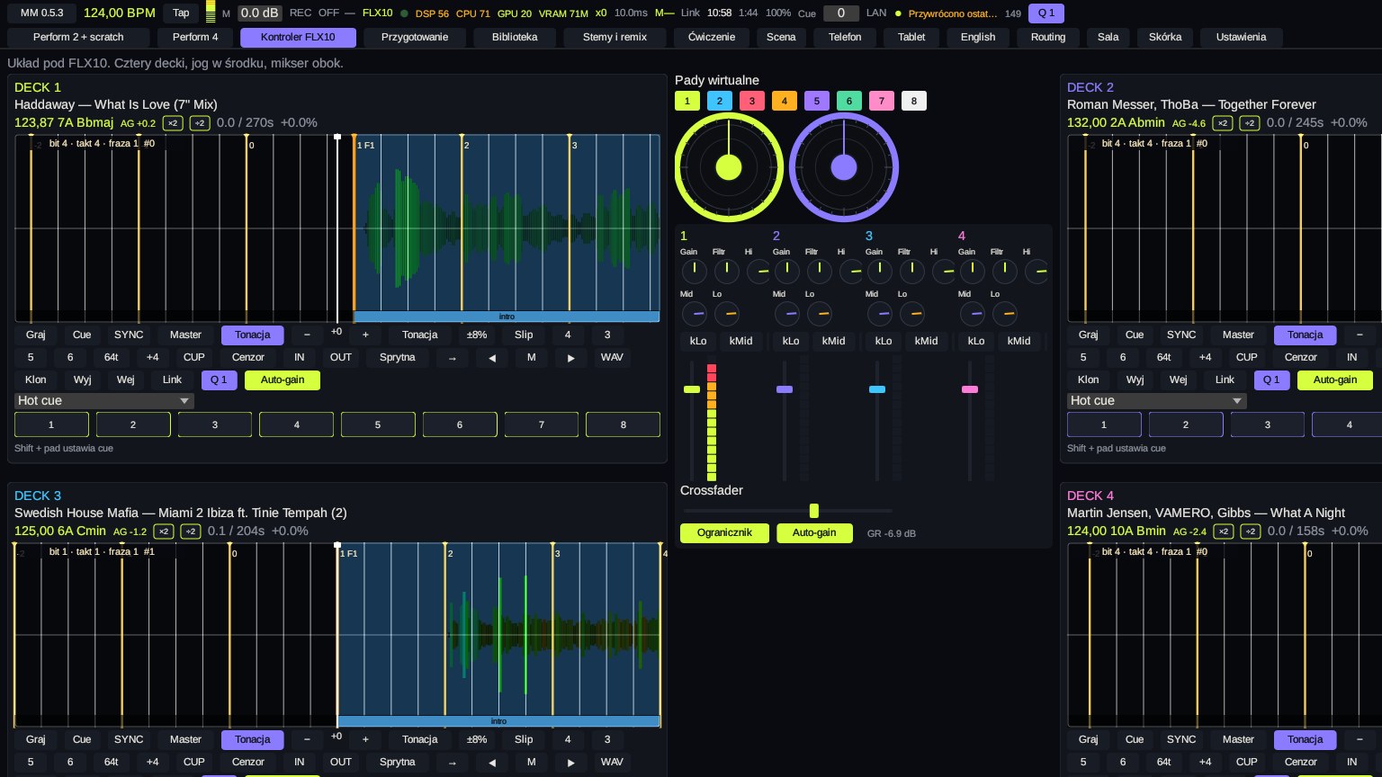 Four decks with the DDJ-FLX10 layout